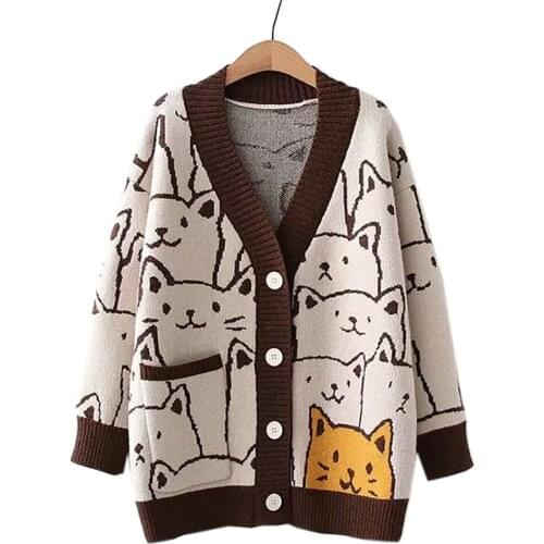 Harajuku Kawaii Cartoon V Neck Cardigans Women Cute Cat Vintage Knitted Sweaters Female Retro Fashion Long Sleeve Knitwear Coat