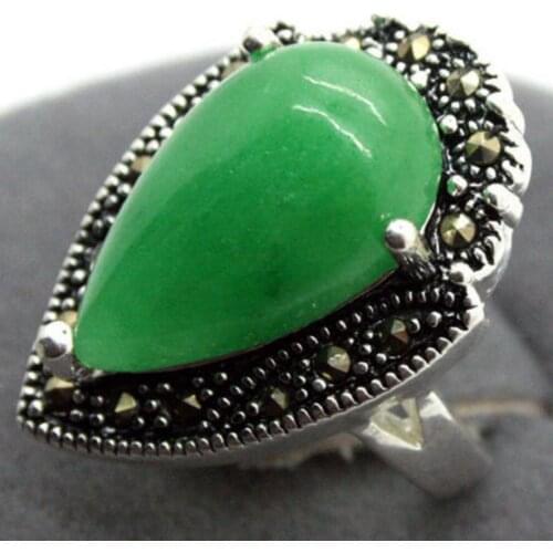 Free Shipping wholesale Natural Green Jade Drop Gems 925 Sterling Silver Marcasite Ring Size 7/8/9/10