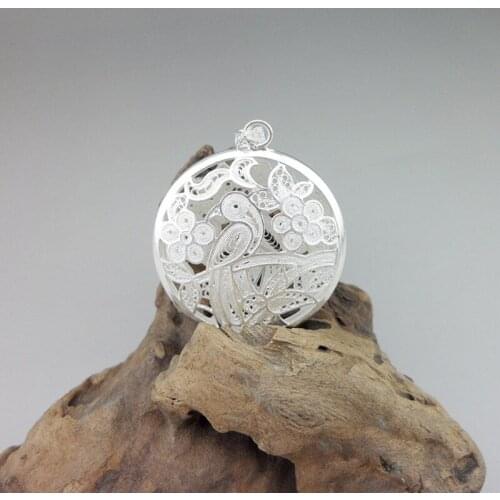 Round 999 Sterling Silver Pendant Men Amulet Chakra Bird Necklaces Pendants Women Handmade Hollow Out Vintage Jewelry Unisex