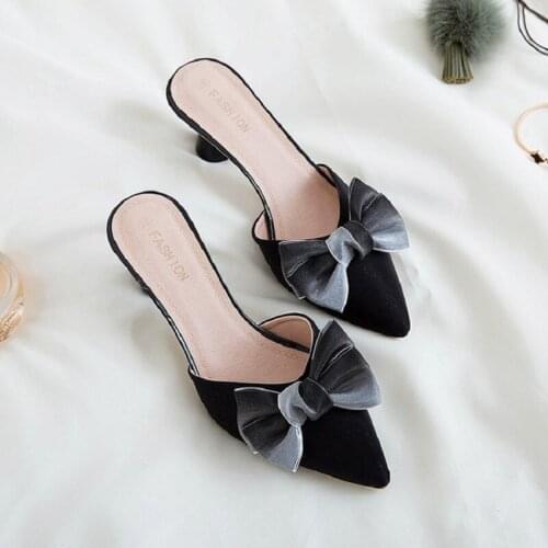 Summer wear ladies slippers new fashion sweet bow pointed mid-heel Baotou half slippers stiletto high heels elegant