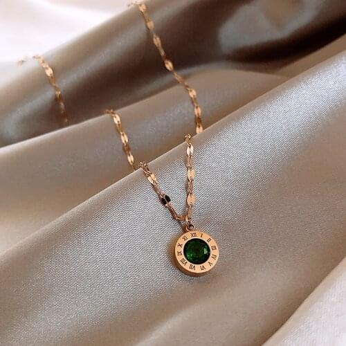 Fashion Charm Roman Numeral Green Zircon Necklace For Woman Temperament stainless steel Pendant Necklace Jewelry