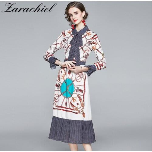 Fashion Pleated Hem Vintage Long Dress Women Bow Collar Flare Sleeve Polka Dot Chain Print Elegant Autumn Female Party Vestido