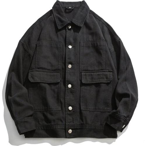 Autumn Winter Japan Style Black Denim Jacket Men Plus Size Long Sleeve Casual Jacket Youth Streetwear Boys Denim Loose Coat Male