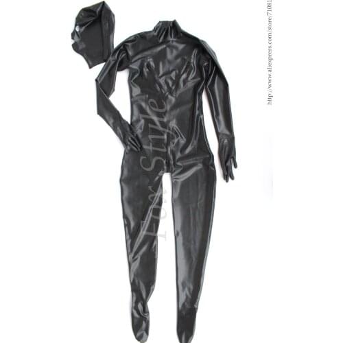 Men 's latex full cover catsuit with hood detachable widh chest zip back zip to crotch real photo no blues mask separated