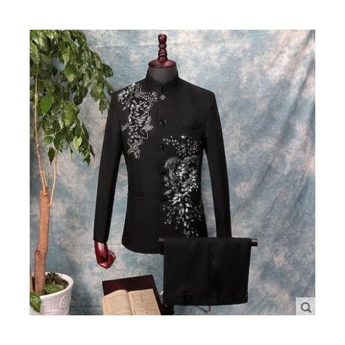 Chorus Chinese tunic suit men Sequin blazer fashion slim Three-dimensional bilateral Mosaic Diamond clothing stand collar black