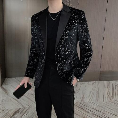 2021 Korean Style Complete Sequin Stage Costume Man Blazer Casual Velvet Suit Party Jacket Coats Men Slim Fit Mens Clothing