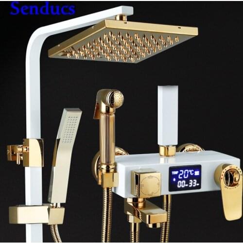Thermostatic Shower Set White Gold Bathroom Shower System Quality Brass Bathtub Mixer Faucets Gold Digital Bath Shower Set