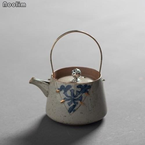 NOOLIM 1PC 210ml Blue and White Tea Pot Antique Copper Handle Tea Pot Gold Enamel Ceramic Home Kung Fu Tea Set