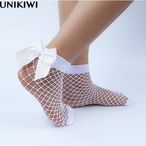 Chic Womens Harajuku Breathable White Bow knot Fishnet Socks.Sexy Hollow out Mesh Nets Socks Ladies Girls Lolita Style Bow Sox