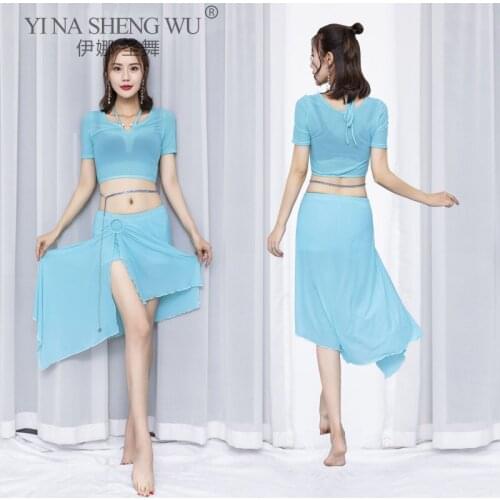 New Fashion Women Belly Dance Oriental Dance Clothes Short Sleeves Top Short Skirt 2pcs Set Belly Dance Practice Costumes Women