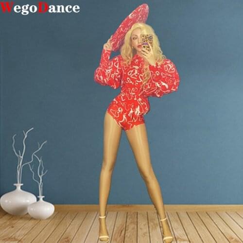 New Red Pattern Shirt Short Cap Bar Women Dancer Prom Singer Dance Outfit Set