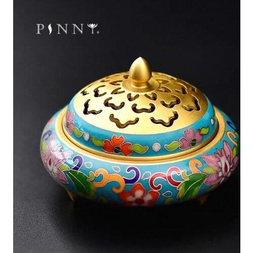 PINNY Cloisonne Brass Censer Metal Enamel Coil Incense Burner Room Decoration Meditation Sandalwood Incense Base