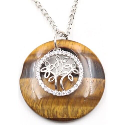 FYSL Silver Plated Tree of Life Tiger Eye Stone Round Hollow Pendant Rock Crystal Necklace Fashion Jewelry
