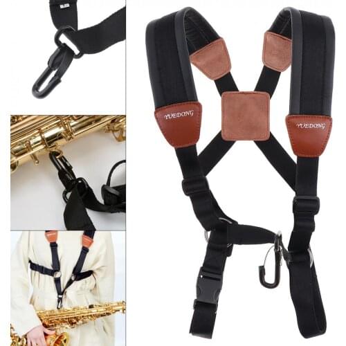 Adjustable Genuine Leather Double Shoulder Saxophone Strap with Steel Hook for Alto Tenor Soprano Sax