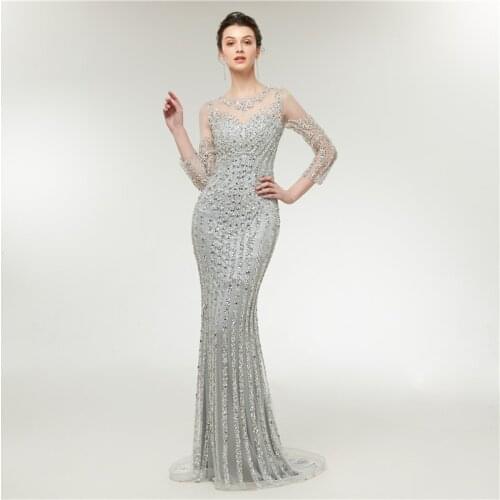 Luxury Long Evening Dress 2019 Mermaid Sparkly Sequined Crystal Long Sleeves Silver Arabic Formal Party Gowns Prom Dress