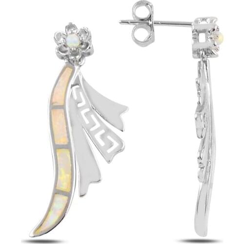 Silverlina Silver White Opal Stone Dangle Studded Earrings