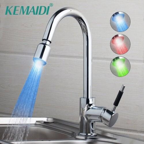 KEMAIDI LED Kitchen Faucets with Rubber Design Chrome Mixer Faucet for Kitchen Single Handle Pull Down Deck Mounted Crane