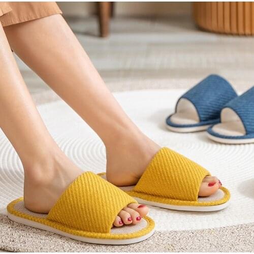 Female Slipper Men Women Indoor Floor Flat Shoes Anti-slip Home Linen Slippers Open Toe Slip On Couples Slides Fashion Footwear