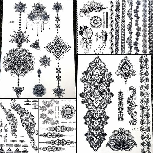 25 Style Indian Black Henna Temporary Tattoo Stickers Women Waterproof Fake Flash Body Art Ear Tatoo Mandala Rose Flower