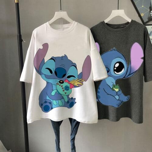 Disney Series Ladies T-shirt Stitch Cartoon Harajuku Cute T-shirt Summer Round Neck Short Sleeve Loose Womens Top