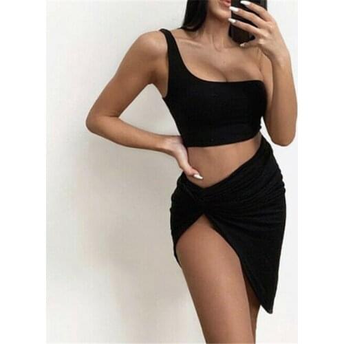 Hot Sale Women Two Pieces Off Shoulder Tank Sexy Sleeveless Vest Bra Crop Tops Side Split Skirt High Waist Bandage Clubwear