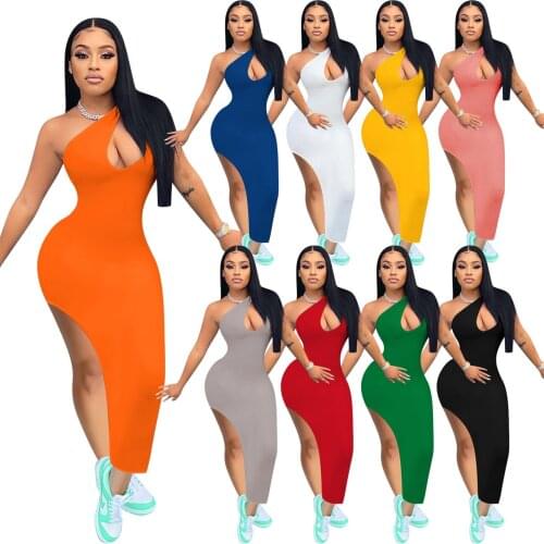One Shoulder Women Bodycon Midi Dress Solid 2021 Summer Activewear Sexy Cut Out Side High Slit Night Club Party Sheer Vestidos