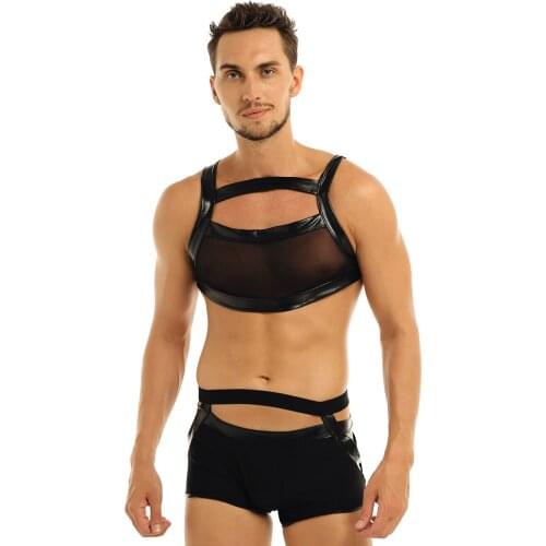 Harness Mens 2Pcs Imitation Leather Mesh Shoulder Braces Belt Suspenders Harness Belt Body Strap Harness Sexy Lingerie Set