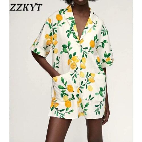 ZZKYT 2021 Women Summer Vintage Flax Print Mini Dress Fashion Lapel Collar Short Sleeve Single Breasted Party Female Dresses