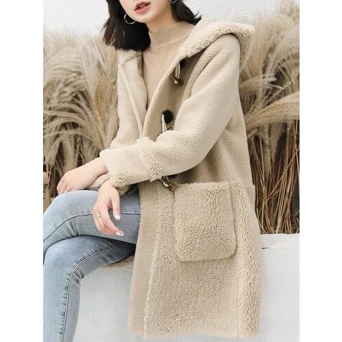 100% Wool Coat Female Sheep Shearling Fur Jackets 2020 Winter Jacket Women Hooded Long Coats Korean Outwear MY3698