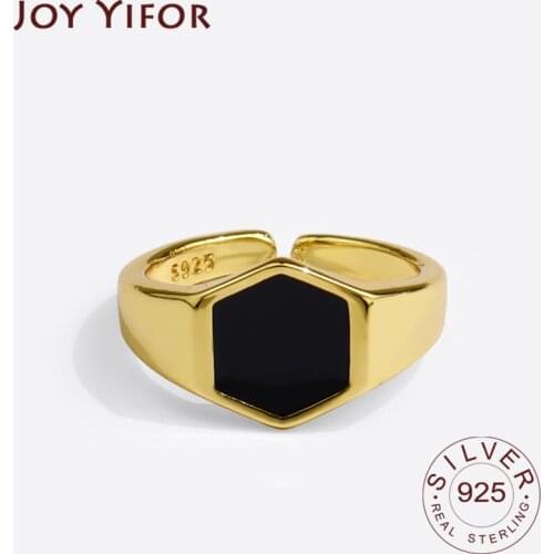 925 Sterling Silver New Simple Design Black Stone Gold Color Rings Retro Distressed Opening Handmade Ring Fashion Fine Jewelry