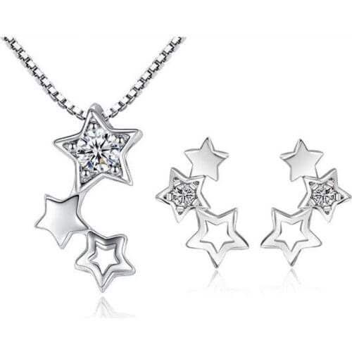 925 Sterling Silver Fine Jewelry Sets Simple Zirconia Star Necklace+Earrings Two piece set For Women Girl Gift