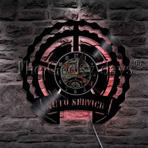 Auto Service Vinyl Record Wall Clock Car Service Garage Tools Tire Wheel Repair Shop LED Hanging Lamp Modern Light