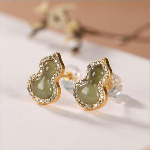Auspicious Fu Lu Gray Jade Gourd Stud Earrings Silver Plated Diamond Hetian Jade Earrings Palace Style Exquisite Accessories for