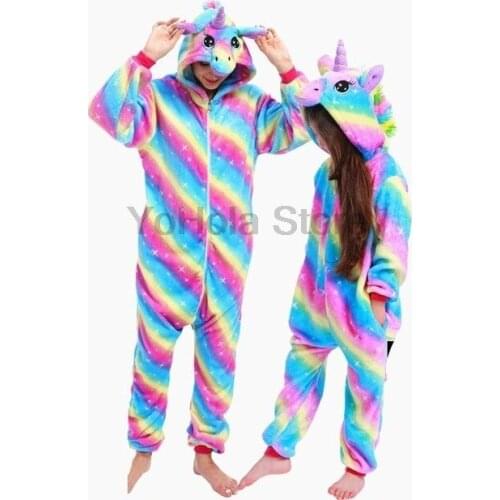 Baby Stitch Kigurumi for Kids Rainbow Unicorn Pajamas Adults Winter Flannel Warm Sleepwear Boys Girls Animal Onesies Jumpsuits