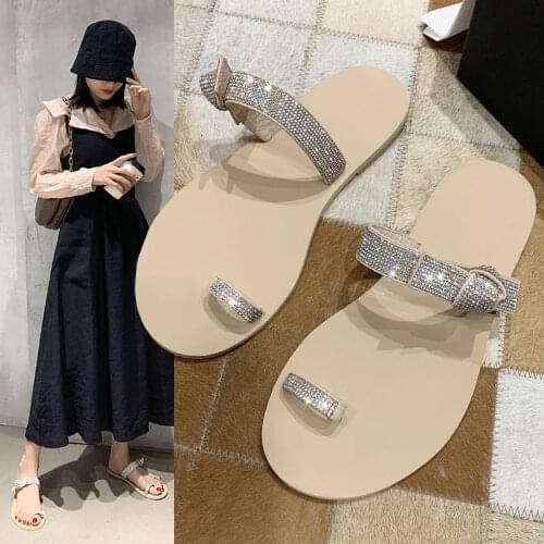 Ins High-Profile Figure 2021 Summer New Ins Bow Rhinestone Beach Flip-Flops Flat Slippers