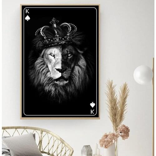Lion Poker Poster Black Crown Canvas Painting Animals Wall Art Print Modern Picture For Living Room On The Wall Home Decor
