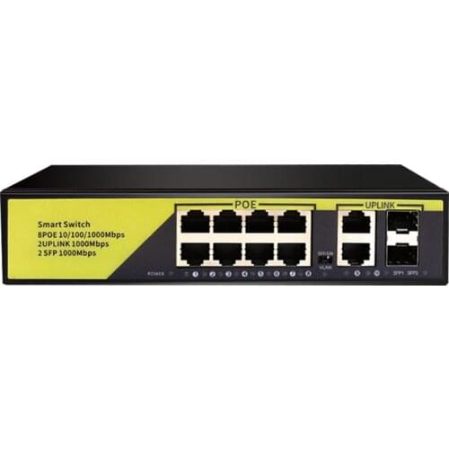 12Port POE Ethernet Switch 48V VLAN 10/100/1000Mbps 8 poe+2uplink+2 SFP 1000M port Network Switch for CCTV IP Camera Wireless AP