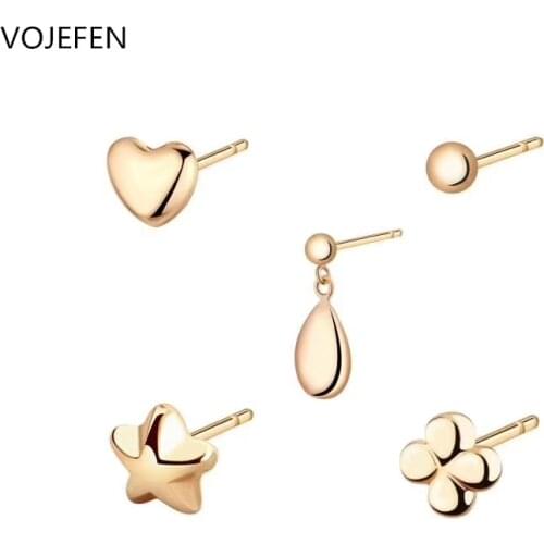 VOJEFEN Minimalist AU750 18K Yellow Gold Stud Earring -- Heart, Flower, Ball, Water Drop, Pentagram Earrings for Women Girls