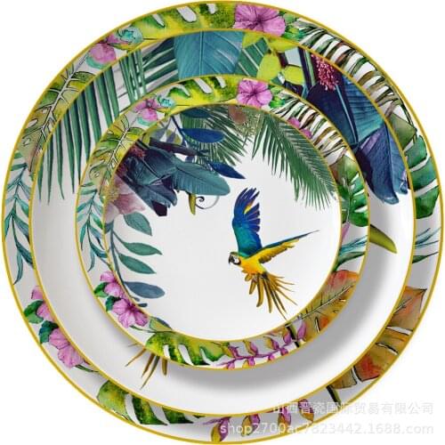 New parrot bone china tableware set pastoral Phnom Penh Western food plate household bowl coffee cup