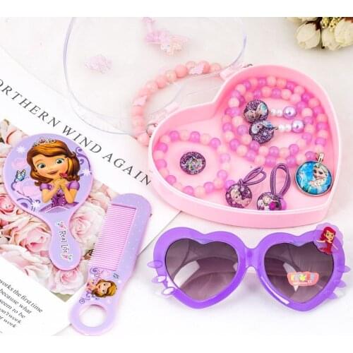 New Disney Princess pearl necklace, bracelet, glasses, comb, mirror, carrying Princess Girls hair ornament, 10 Piece Gift Box