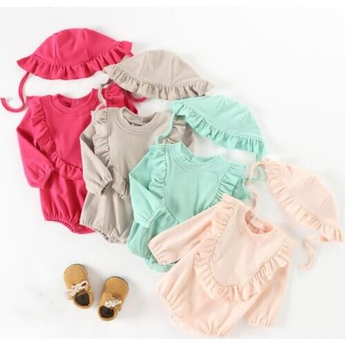 Fall Winter Baby Girl Clothes Cotton Soft Solid Ruffles Long Sleeve Baby Bodysuit+hat Casual Infant Clothes Baby Romper 0-24M