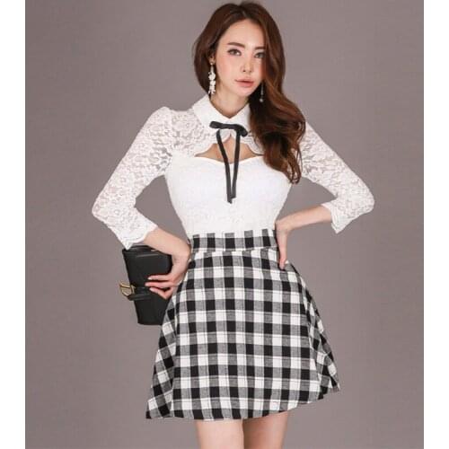 New arrival fashion spring mini dress women OL temperament sweet sexy hollow white perspective lace plaid stitching a-line dress
