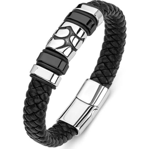 Trendy Braided Leather Rope Bracelet Men Stainless Steel Handmade Bangles Male Punk Jewelry Birthday Gift for Best Friend P176