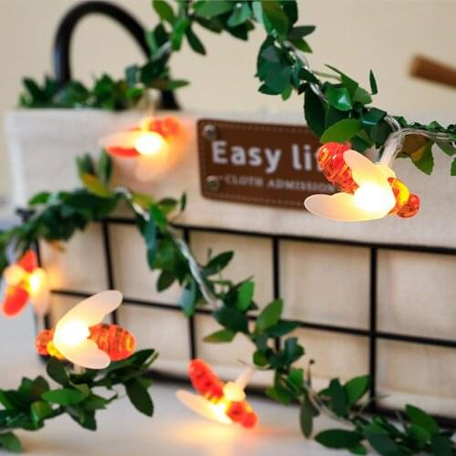 6-2m Cute Honey Bee Green Leaf Fairy String Lights USB/Battery Powered Christmas Garland Light for Garden Fence Patio Decoration