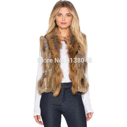 SF0054 Cheap Sell Fur Vests Real Rabbit Fur Knitted Gilets with Raccoon Fur Collar