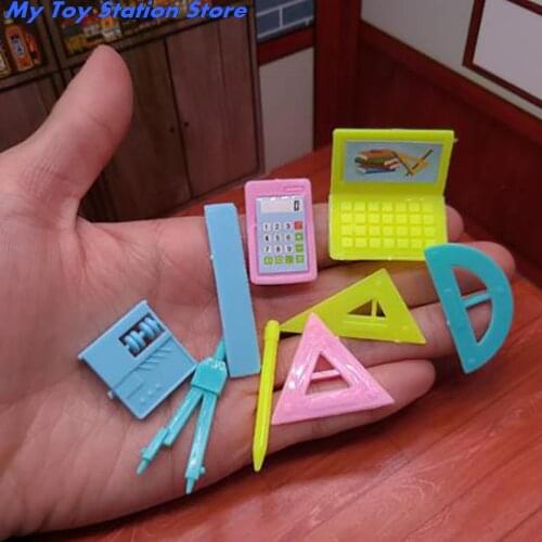 High Quality 9pcs/set 1:12 Dollhouse stationery kit ruler Abacus computer Calculator pen