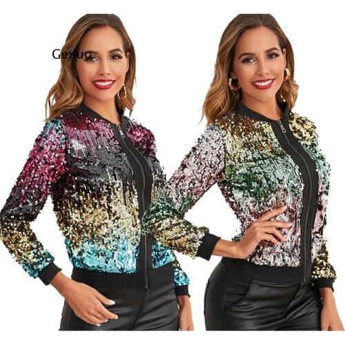 Women Fashion Street Reduction of Age Casual Hip Hop Style Jacket Long Sleeve Zipper Sequins Decoration Jacket