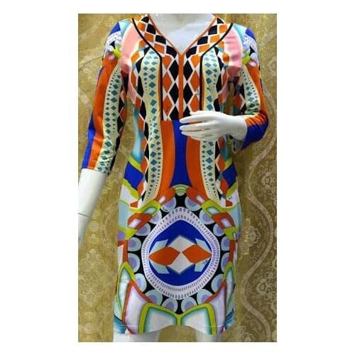 2017 womens clothing in the new abstract printing sleeve v-neck elastic knitted fabrics fashion dress