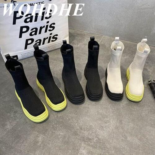 WOHDHE Women Modern Boots Mid-calf Round Toe and Flat with Thick Button Boots Women Mixed-colors Cool Shoes Street Style Slip-on