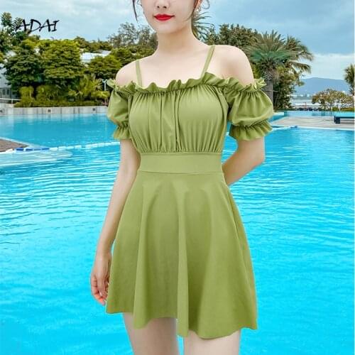 Womens Swimsuit One Piece with Sleeves Skirt Ruffles Solid Bathing Suits Swimming Suit Swimwear Beachwear Bikini 2021 Black